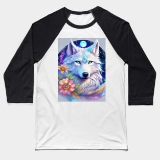 Mystical Wolf with Flowers, Full Moon, Colorful Baseball T-Shirt